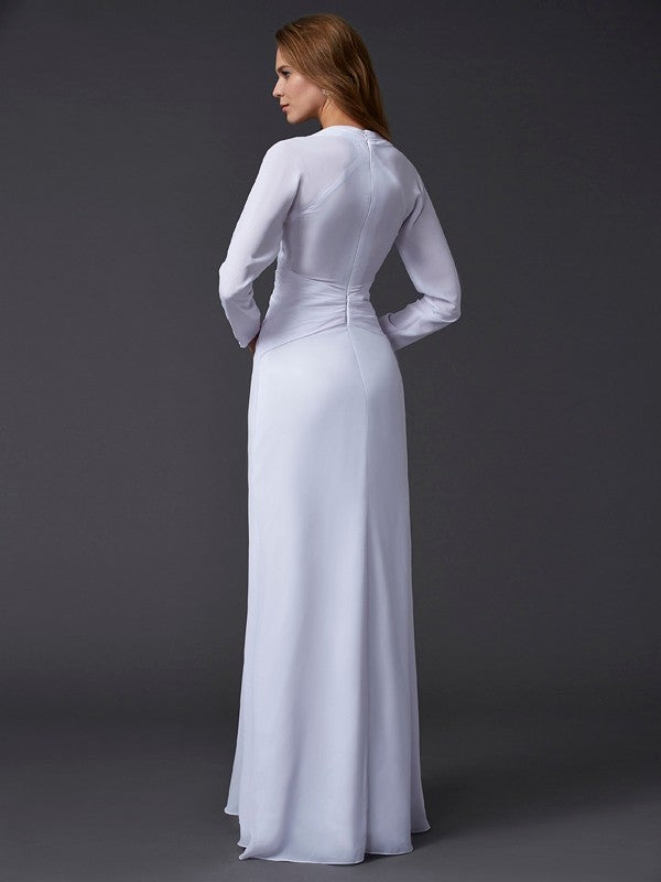 V-neck Long Sleeves Ruched Long Chiffon Dresses