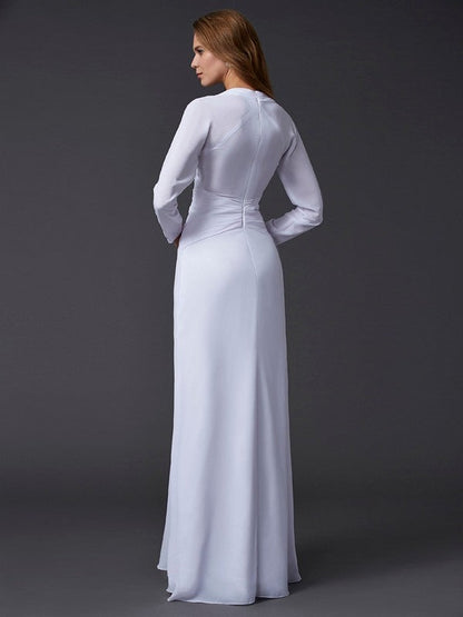 V-neck Long Sleeves Ruched Long Chiffon Dresses