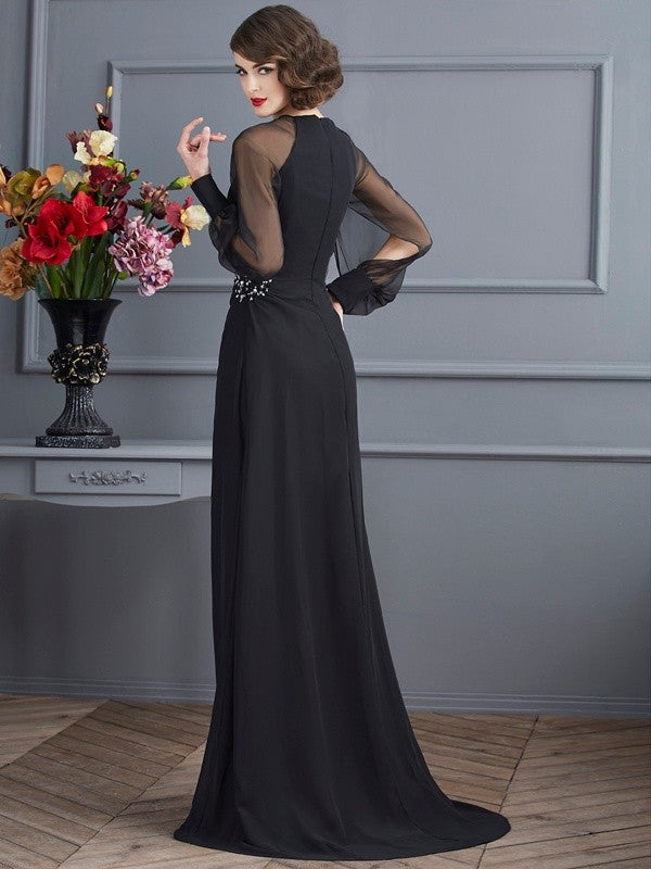 Scoop Long Sleeves Beading Long Chiffon Dresses