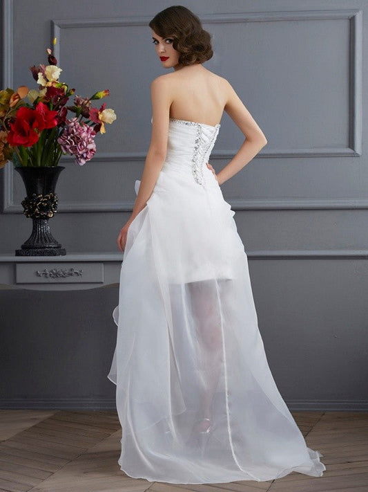 Sweetheart Sleeveless Beading High Low Organza Wedding Dresses