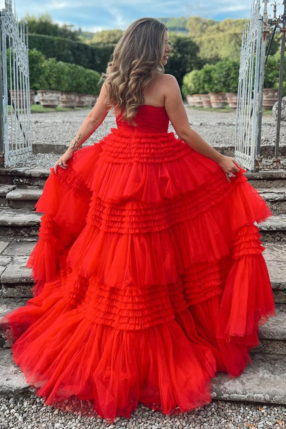 Trendy A Line Strapless Apricot Long Prom Dress with Ruffles