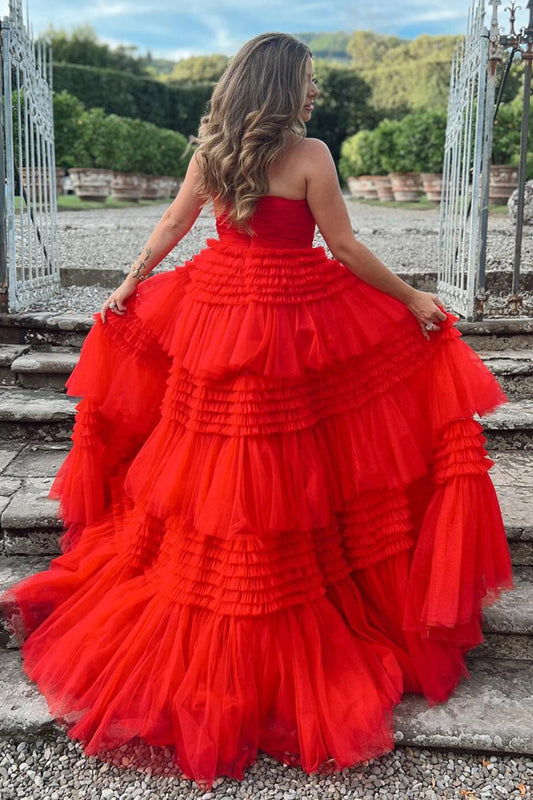 Trendy A Line Strapless Apricot Long Prom Dress with Ruffles