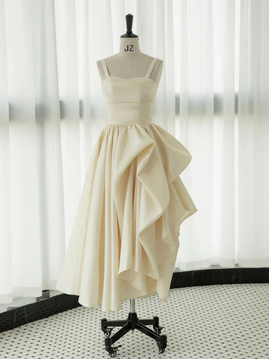 Spaghetti Straps Champagne Satin Tea Length Ruffle Prom Dress
