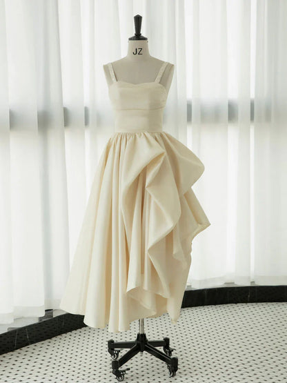 Spaghetti Straps Champagne Satin Tea Length Ruffle Prom Dress
