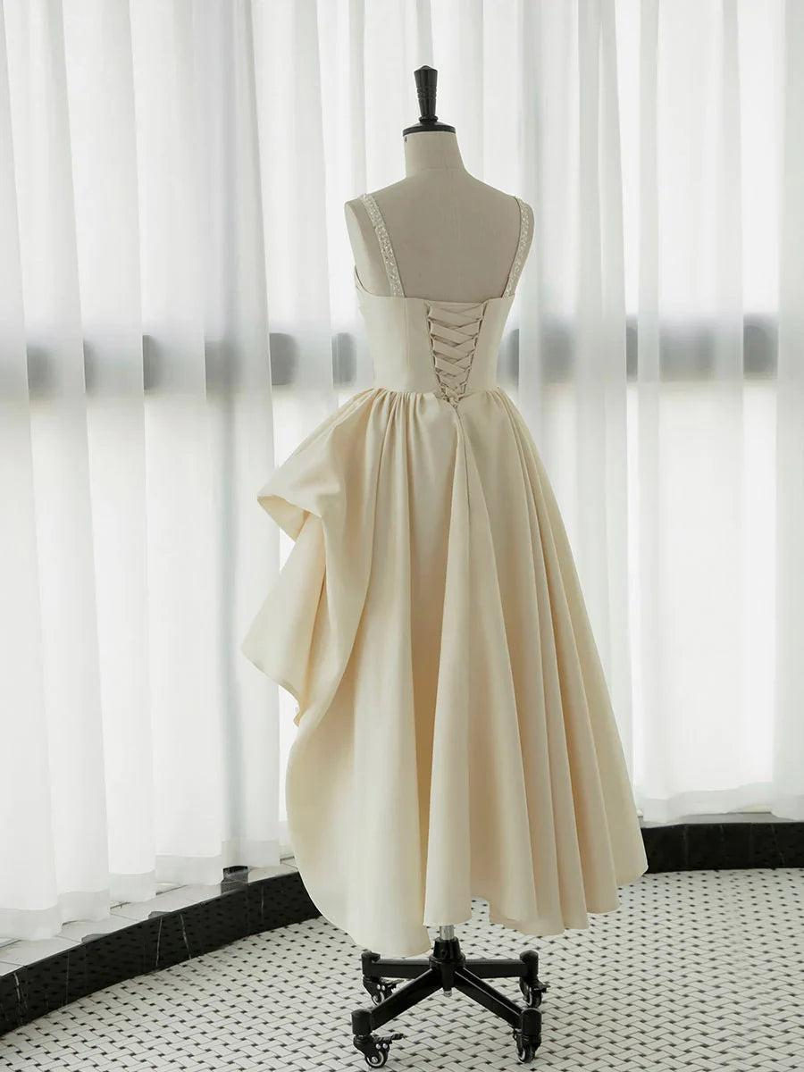 Spaghetti Straps Champagne Satin Tea Length Ruffle Prom Dress