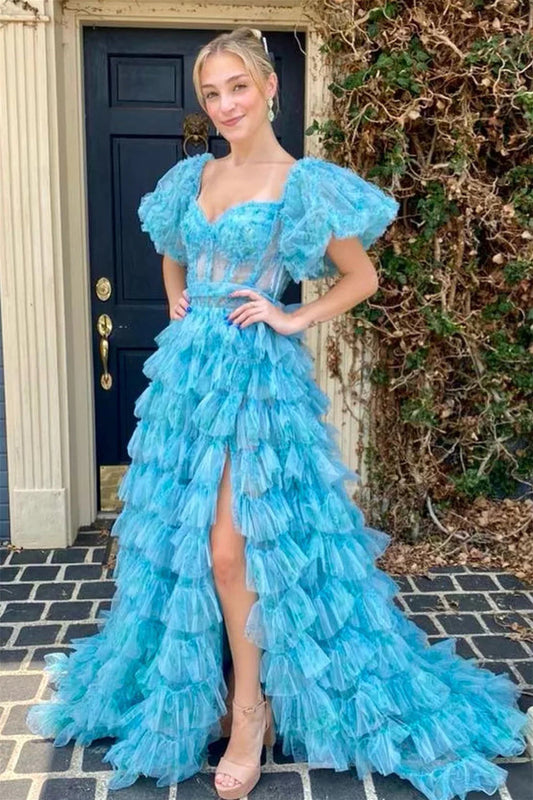Charming A Line Sweetheart Blue Corset Prom Dress with Short Sleeves