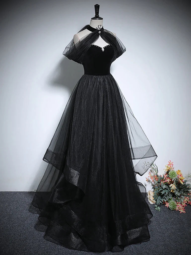 Black A-Line Tulle Long Prom Party Dresses