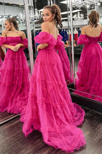 Stunning A Line Strapless Fuchsia Corset Prom Dress with Sweep Train