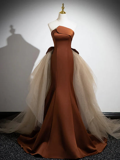 Off-the-Shoulder Brown Mermaid Satin Tulle Long Prom Party Dresses With Train