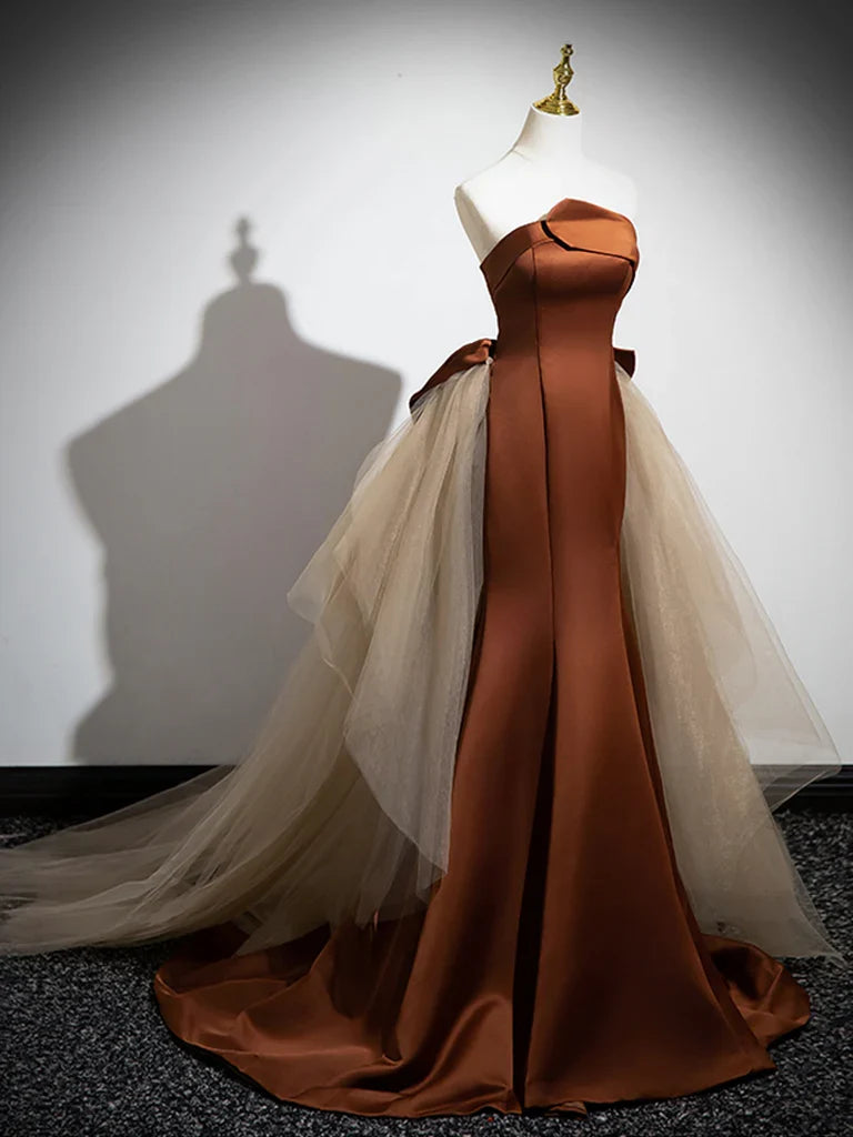 Off-the-Shoulder Brown Mermaid Satin Tulle Long Prom Party Dresses With Train