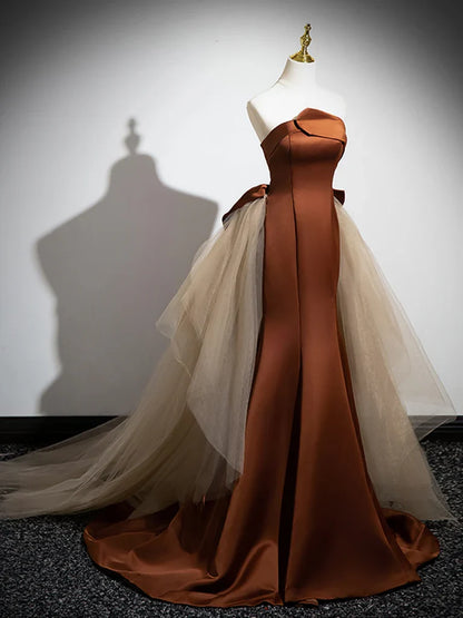 Off-the-Shoulder Brown Mermaid Satin Tulle Long Prom Party Dresses With Train