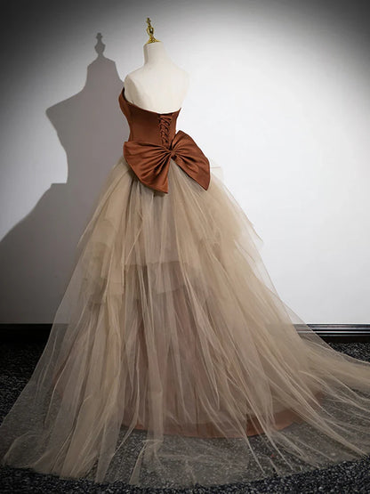 Off-the-Shoulder Brown Mermaid Satin Tulle Long Prom Party Dresses With Train