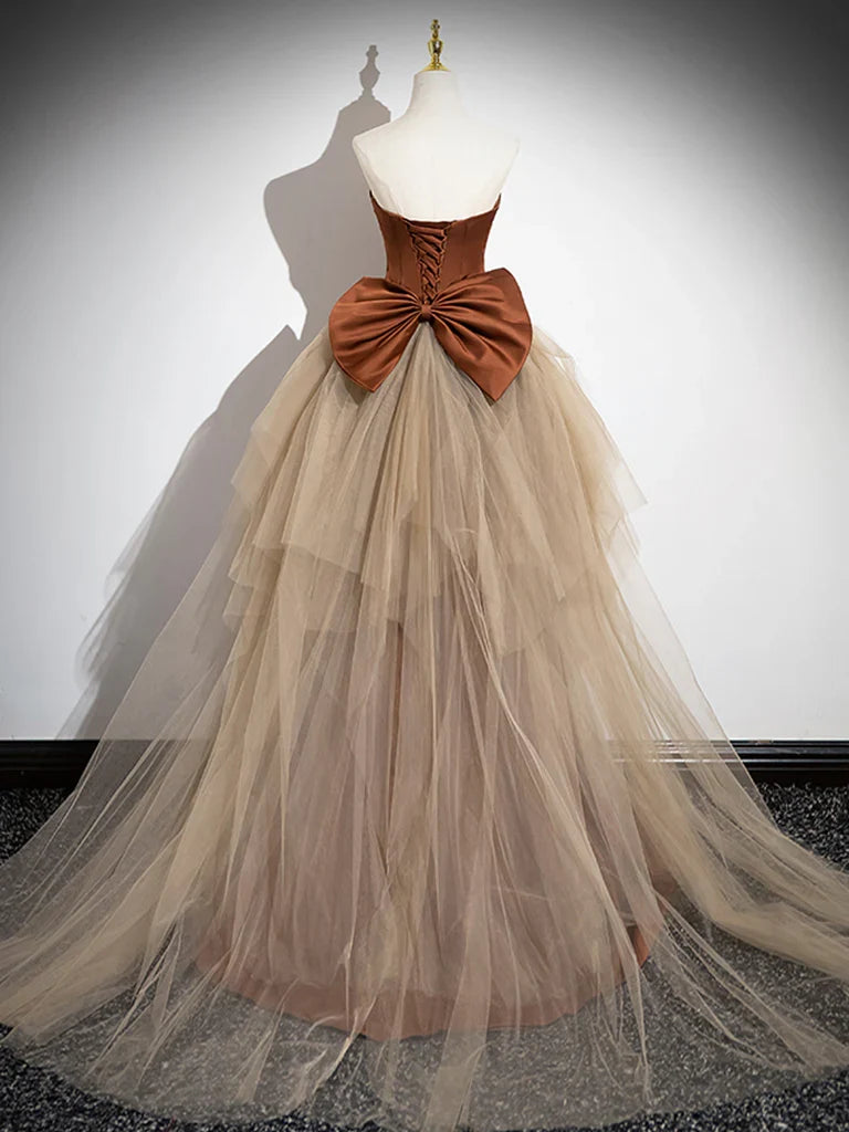 Off-the-Shoulder Brown Mermaid Satin Tulle Long Prom Party Dresses With Train