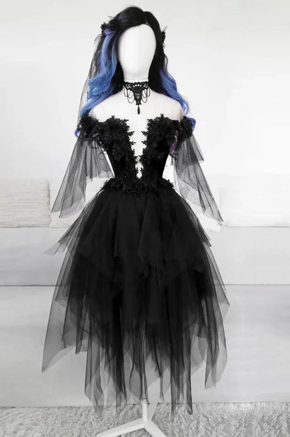 Black round neck tulle lace short evening dress