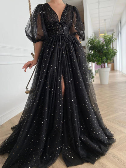 Black v neck tulle long Evening prom dress