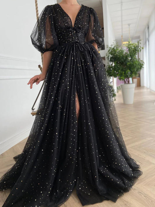 Black v neck tulle long Evening prom dress