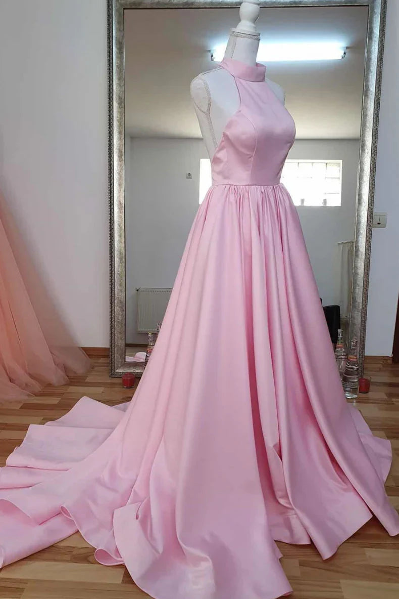 Pink high neck pink satin long prom dress evening dress
