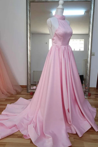 Pink high neck pink satin long prom dress evening dress