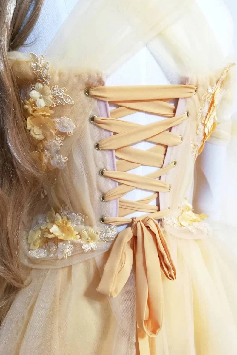 Yellow sweetheart lace tulle long Evening formal dress