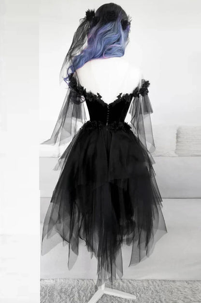 Black round neck tulle lace short evening dress