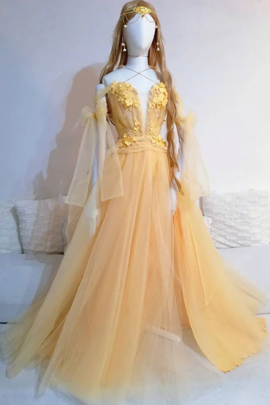 Yellow sweetheart lace tulle long Evening formal dress