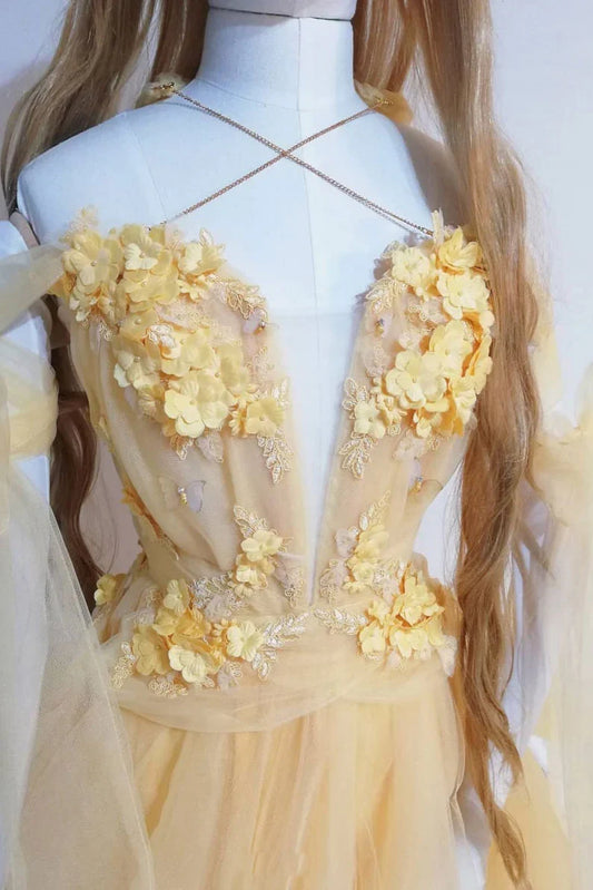 Yellow sweetheart lace tulle long Evening formal dress