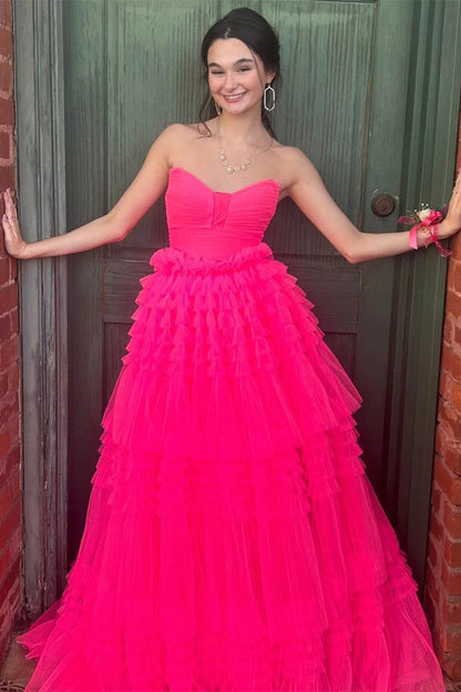 Trendy A Line Strapless Hot Pink Long Prom Dress with Ruffles