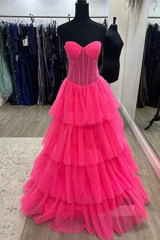 Charming A Line Sweetheart Hot Pink Corset Prom Dress with Ruffles