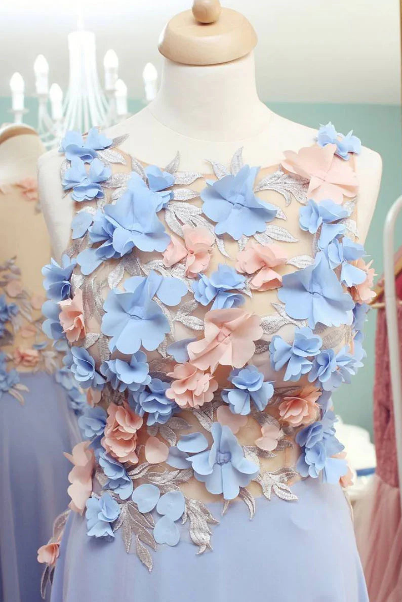 Blue round neck chiffon 3D applique short homecoming dress
