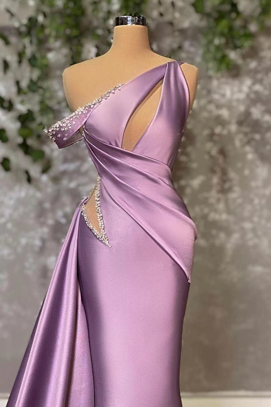 Lilac Off-The-Shoulder Mermaid Prom Dress Sleeveless With Rhinstone