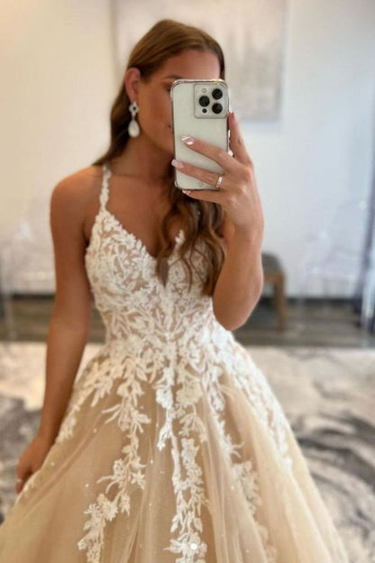 Charming A Line V Neck Champagne Prom Dress with Appliques