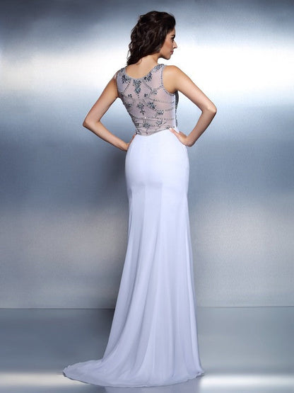 Bateau Beading Sleeveless Long Chiffon Dresses