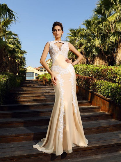 High Neck Applique Sleeveless Long Chiffon Dresses