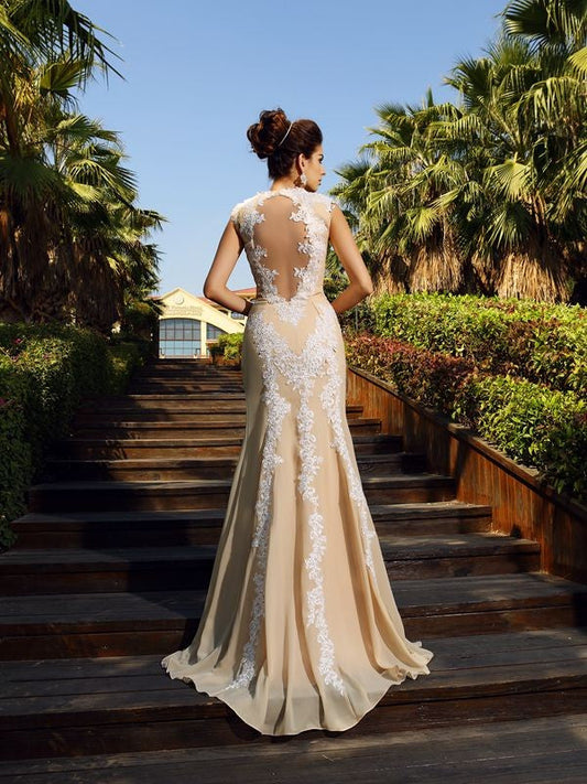 High Neck Applique Sleeveless Long Chiffon Dresses