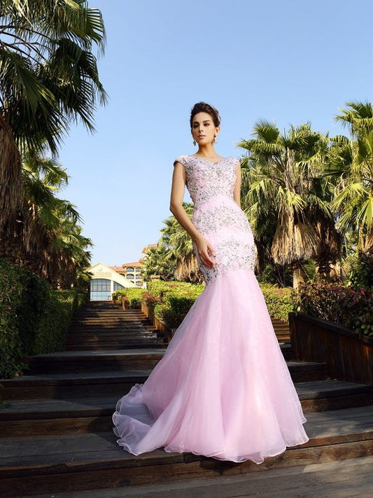 V-neck Beading Sleeveless Long Satin Dresses