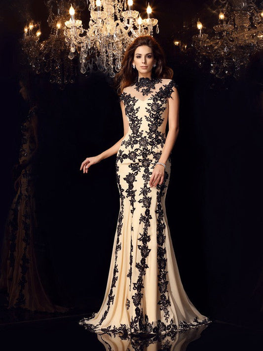 High Neck Applique Sleeveless Long Chiffon Dresses