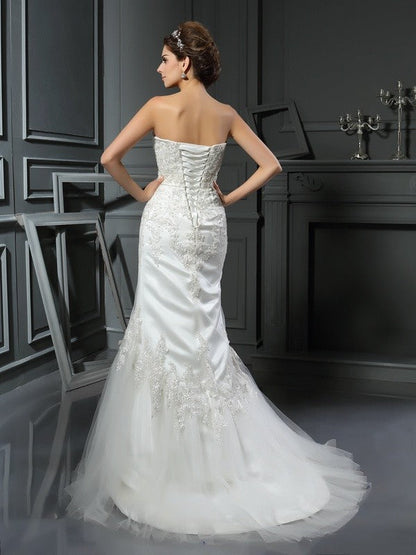 Straps Applique Sleeveless Long Satin Wedding Dresses