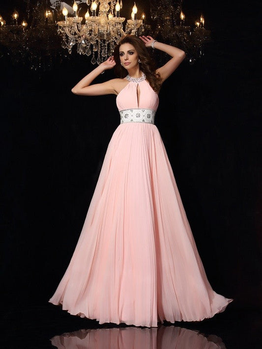 High Neck Pleats Sleeveless Long Chiffon Dresses