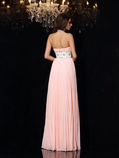 High Neck Pleats Sleeveless Long Chiffon Dresses