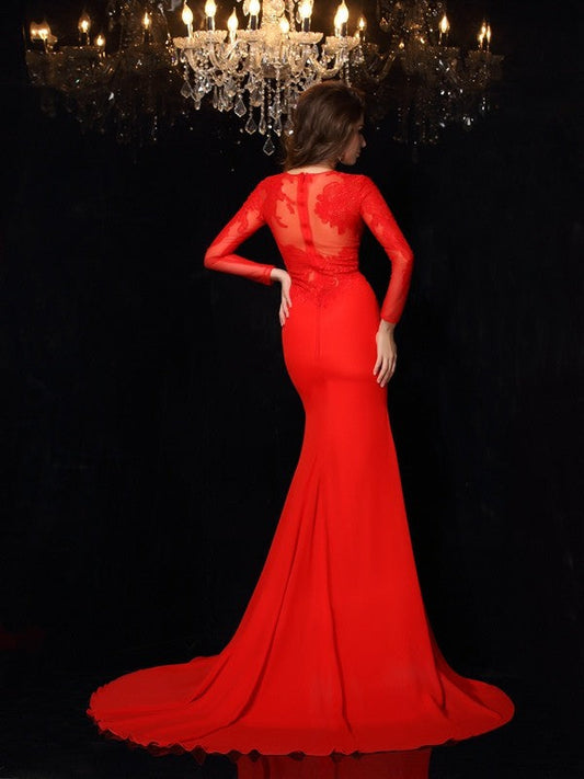 Scoop Lace Long Sleeves Long Chiffon Dresses