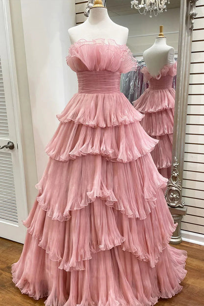 Beauty A Line Strapless Pink Long Prom Dress with Ruffles