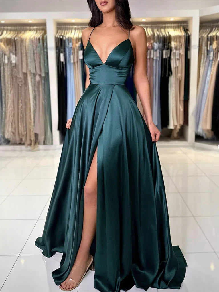 A-Line V Neck Dark Green Satin Long Prom Party Dresses