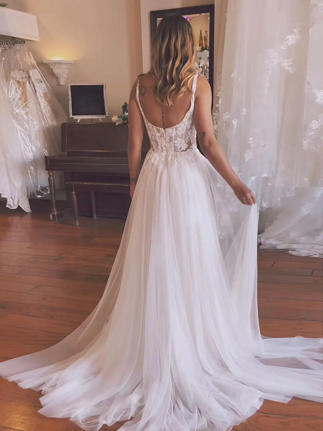Aline Chiffon Lace White Long Prom Dress