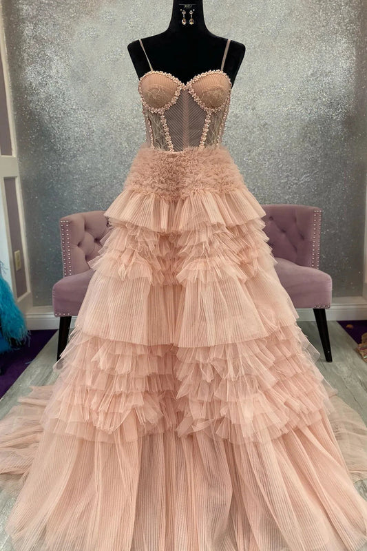 Charming A Line Spaghetti Straps Light Pink Corset Prom Dress with Ruffles