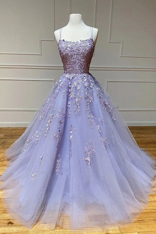 Purple tulle lace long Evening dress