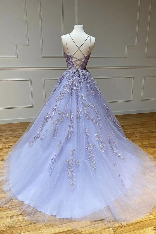 Purple tulle lace long Evening dress