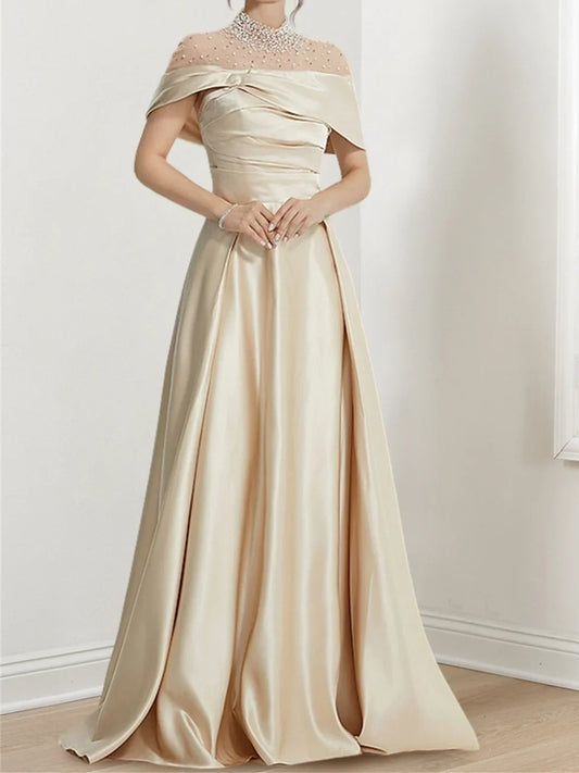 A-Line High Neck Floor-Length Prom Dresses Evening Dresses