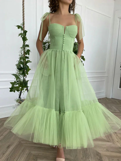 Simple green tulle tea length prom dress