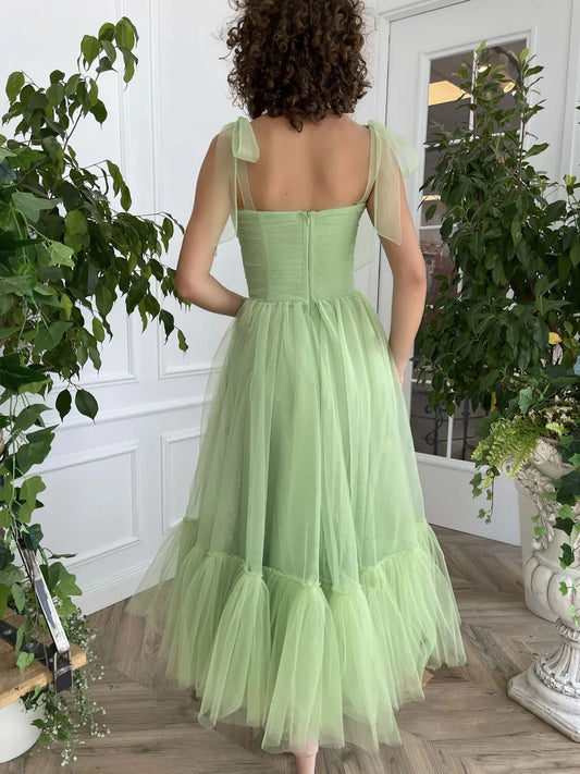 Simple green tulle tea length prom dress