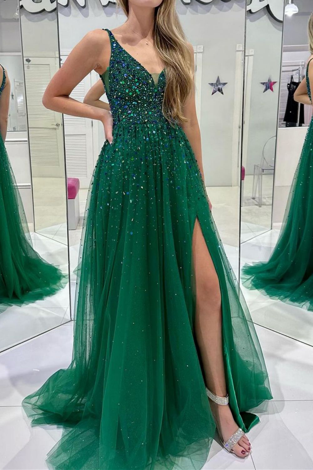 Bling A Line V Neck Dark Green Long Prom Dress with Beading